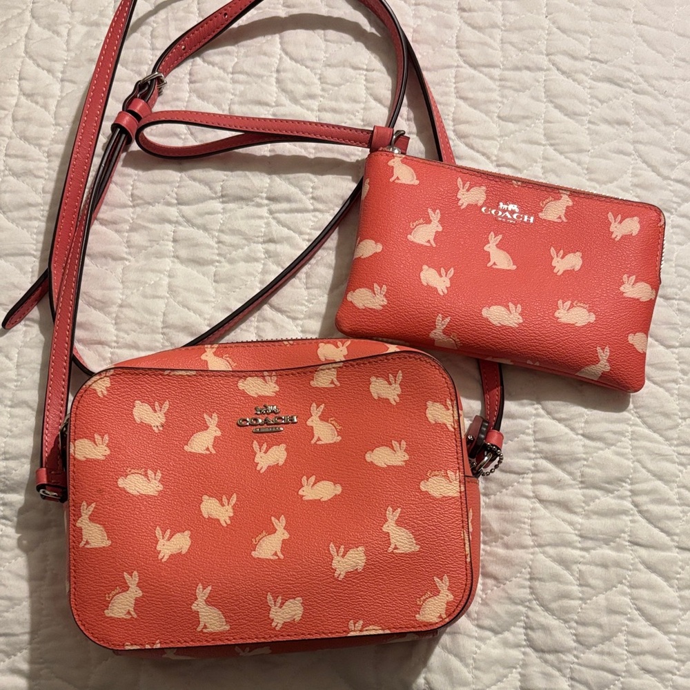 Coach Pink Bunny Print Crossbody and Wristlet Set